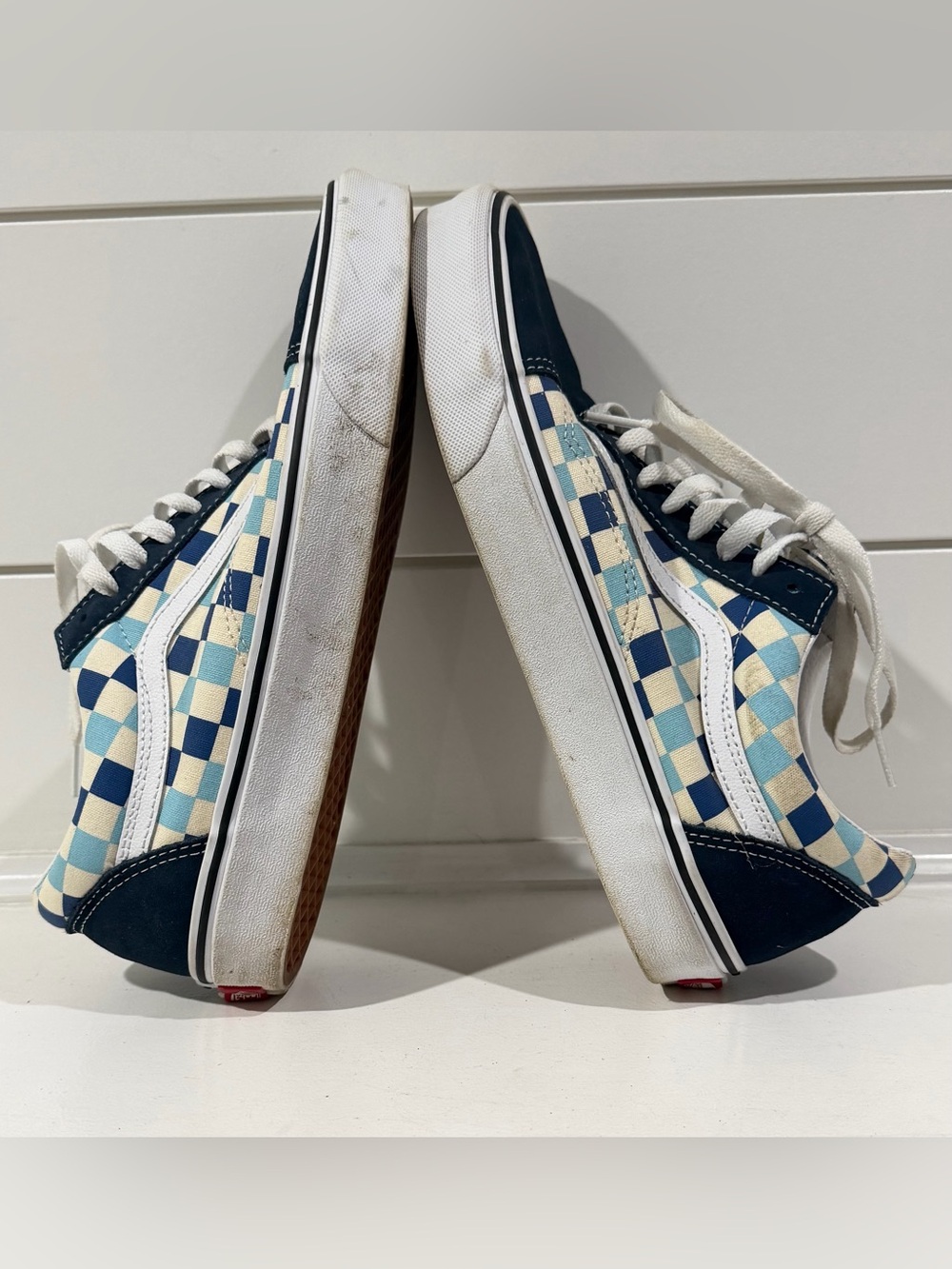 Vans Men’s Navy and Light Blue Checkered Old Skool Sneakers